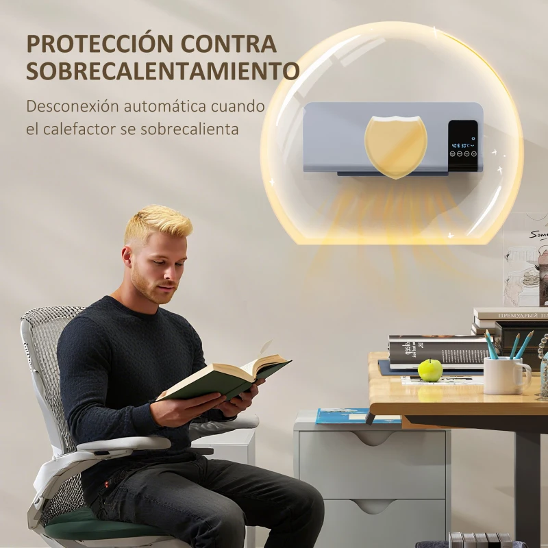 HOMCOM Calefactor Eléctrico de Pared 1000W/2000W Estufa con Pantalla LED y Mando a Distancia 54,5x12x21,5 cm Gris