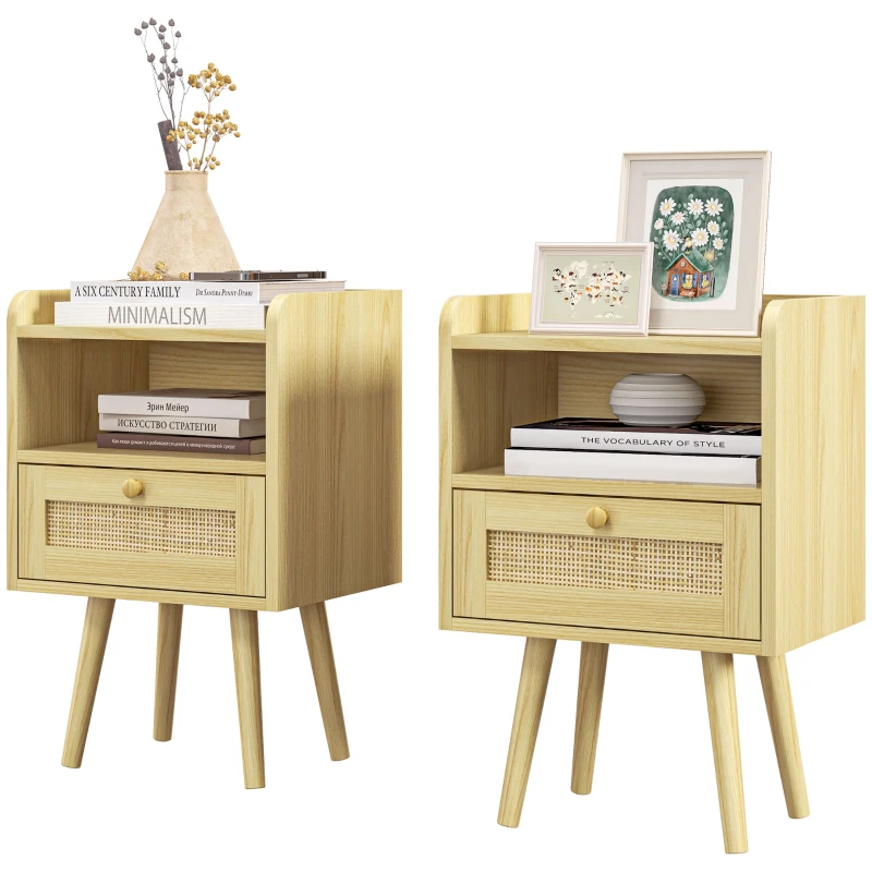 HOMCOM Lot de 2 tables de chevet avec tiroir effet rotin et compartiment ouvert, 40 x 30 x 60 cm, effet bois naturel
