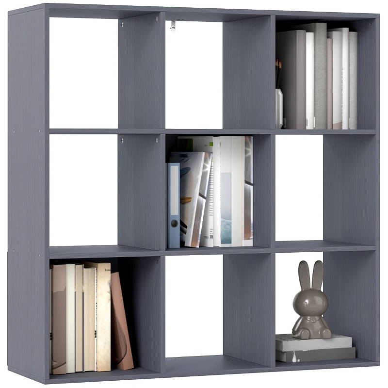 HOMCOM Bibliothèque, étagère de rangement à 3 niveaux avec 9 compartiments, pour salon, bureau, chambre, 91x29,5x91cm, gris