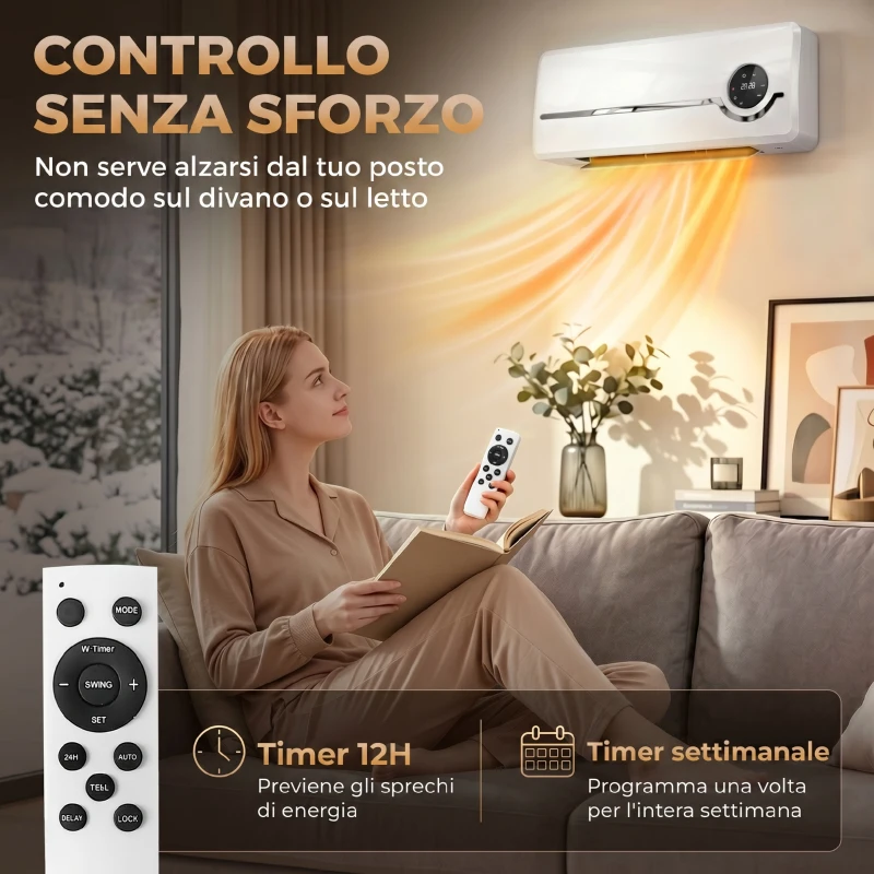 HOMCOM  Stufa Ceramica 2000W a Parete con 3 Modalità, Temperatura Regolabile, Timer, Telecomando, Blocco Bambini, Bianco