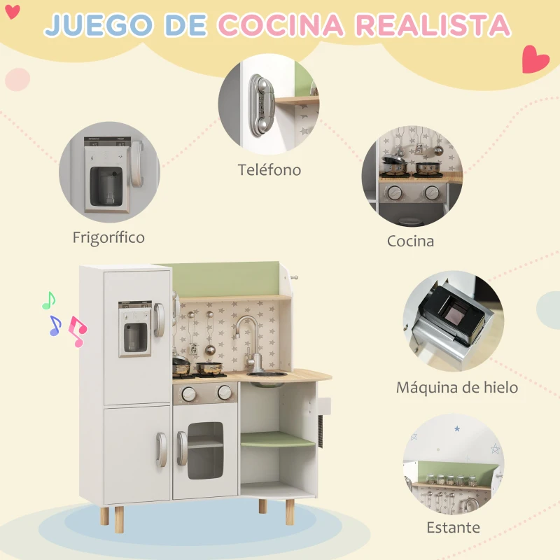 AIYAPLAY Cocinita de Juguete Infantil de Madera con Máquina de Hielo Fregadero Móvil y Utensilios de Cocina 84x34x89 cm Blanco
