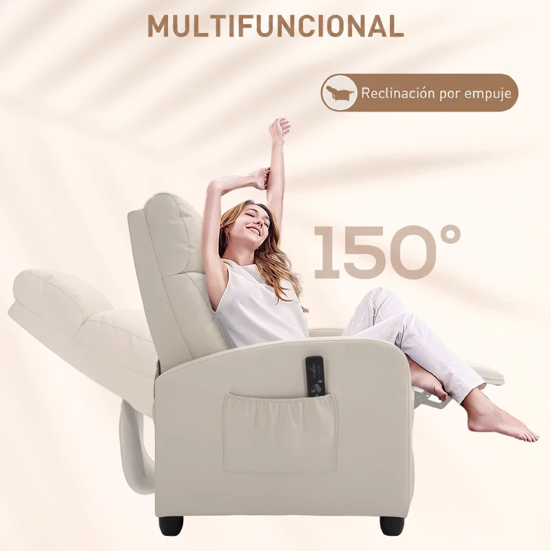 HOMCOM Sillón de Masaje Reclinable con Mando a Distancia Bolsillo Lateral y Temporizador Tapizado en PU 68x88x98 cm Crema