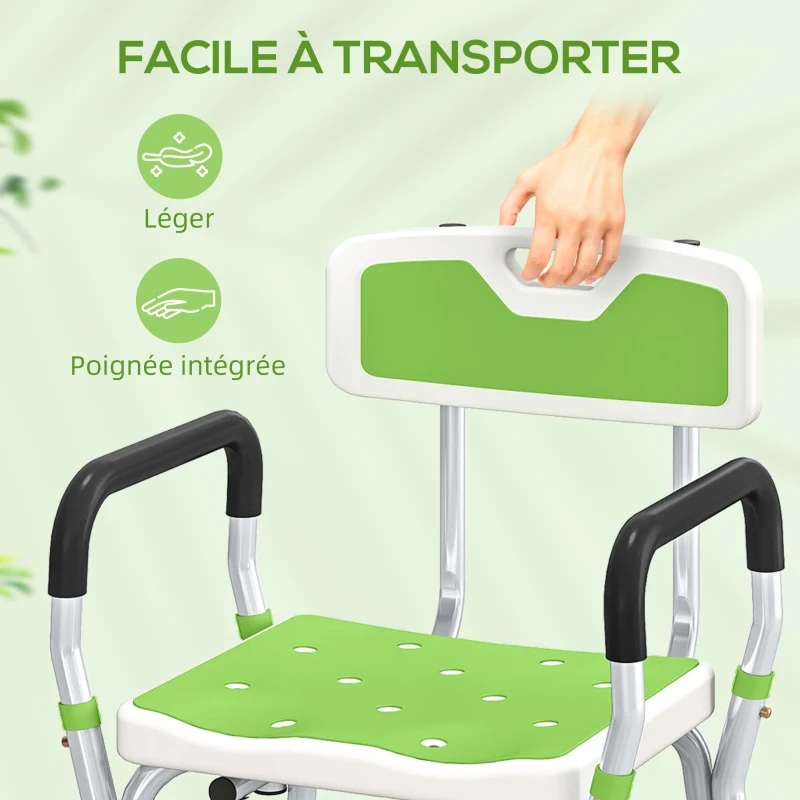 HOMCOM Tabouret de douche chaise de douche ergonomique hauteur réglable pieds antidérapants 56,5 x 53,5 x 87 cm blanc et vert