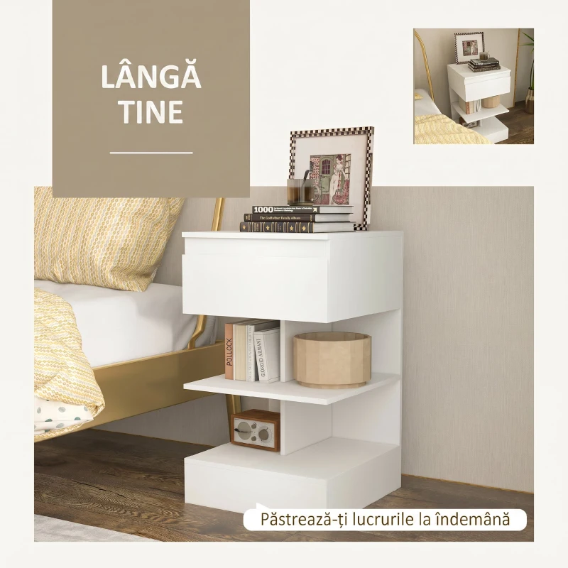 HOMCOM Noptiera Moderna din PAL si MDF cu un Sertar si 2 Rafturi, 39x39x65 cm, Alb