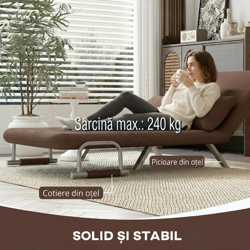 HOMCOM Canapea Extensibilă 2 Locuri din Piele Întoarsă Sintetică cu Spătar Reglabil și 2 Perne, Maro Închis