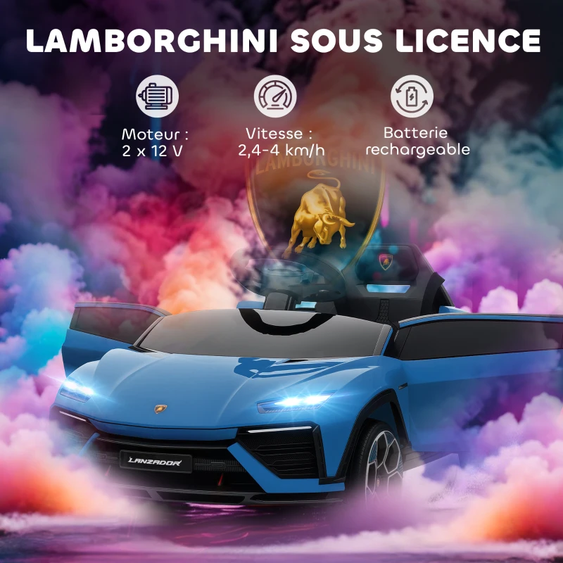 AIYAPLAY Voiture électrique enfant véhicule électrique Lamborghini 12V télécommande 2,4G et 2 moteurs vitesse max. 4 km/h bleu