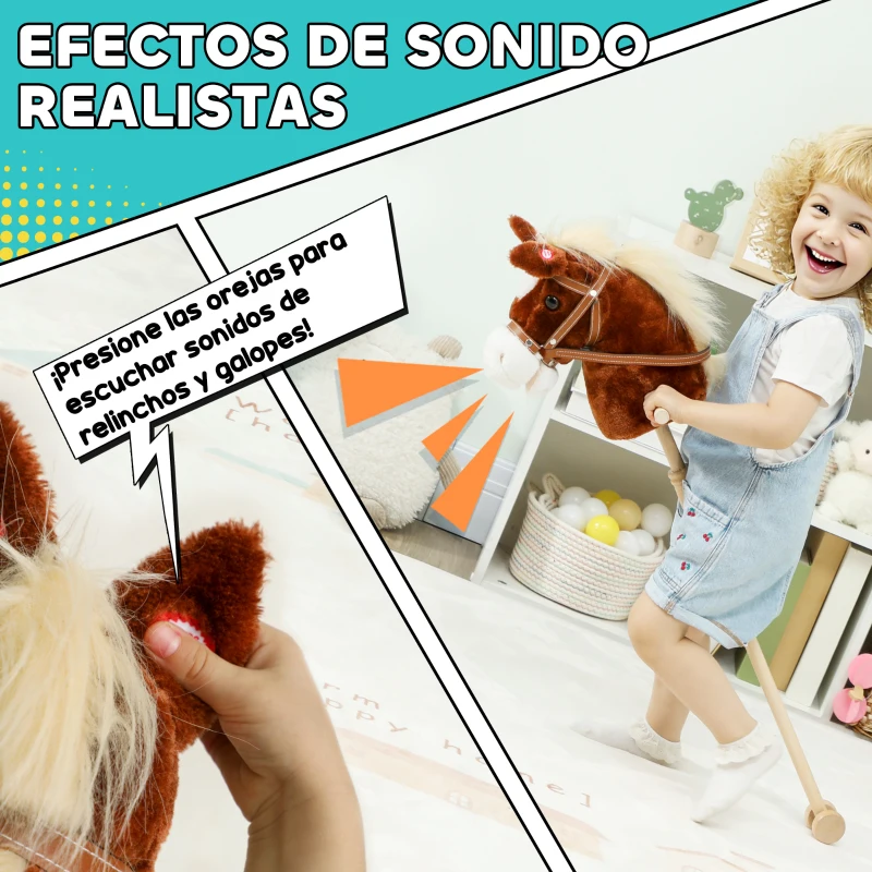 AIYAPLAY Cabeza de Caballo con Palo de Madera Sonidos y Ruedas Caballo de Juguete 95 cm de Altura Marrón