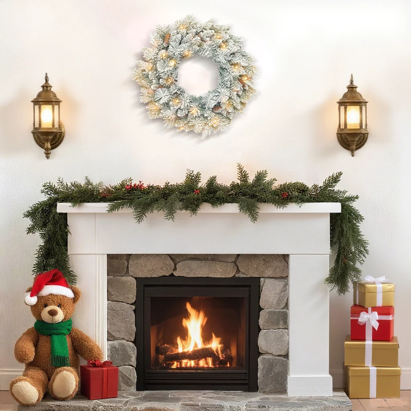 HOMCOM Couronne de Noël lumineuse 60 cm avec 35 LED blanc chaud, minuterie, 98 pointes, pommes de pin, vert et blanc