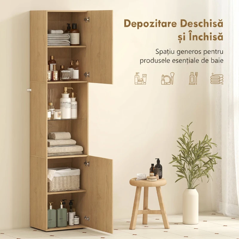 HOMCOM Coloană Baie Slim 6 Rafturi, 2 Uși, Compartimente Deschise, Raft din Sticlă Securizată, Rafturi Reglabile, Stejar