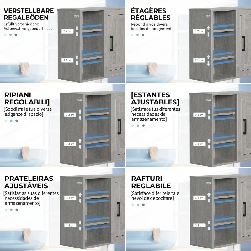 kleankin Dulap de Baie Suspendat cu Montare pe Perete, Dulăpior cu 3 Rafturi Deschise pentru Depozitare, Gri
