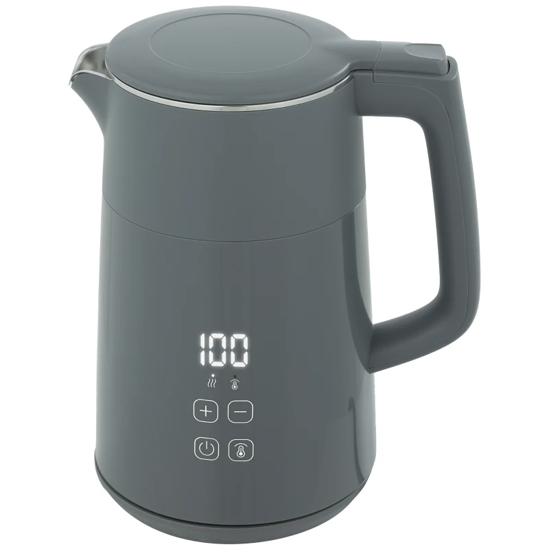 HOMCOM Electric Kettle, 1.7L Fast Boil 3kW Water Kettle with UK Strix Thermostat, LED Display, Keep Warm Function, Grey