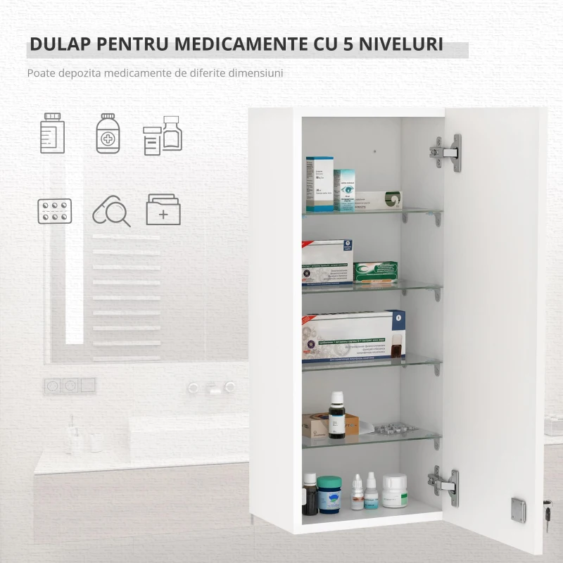 kleankin Dulapior pentru Medicamente cu Încuietoare 5 Etajere Reglabile Alb