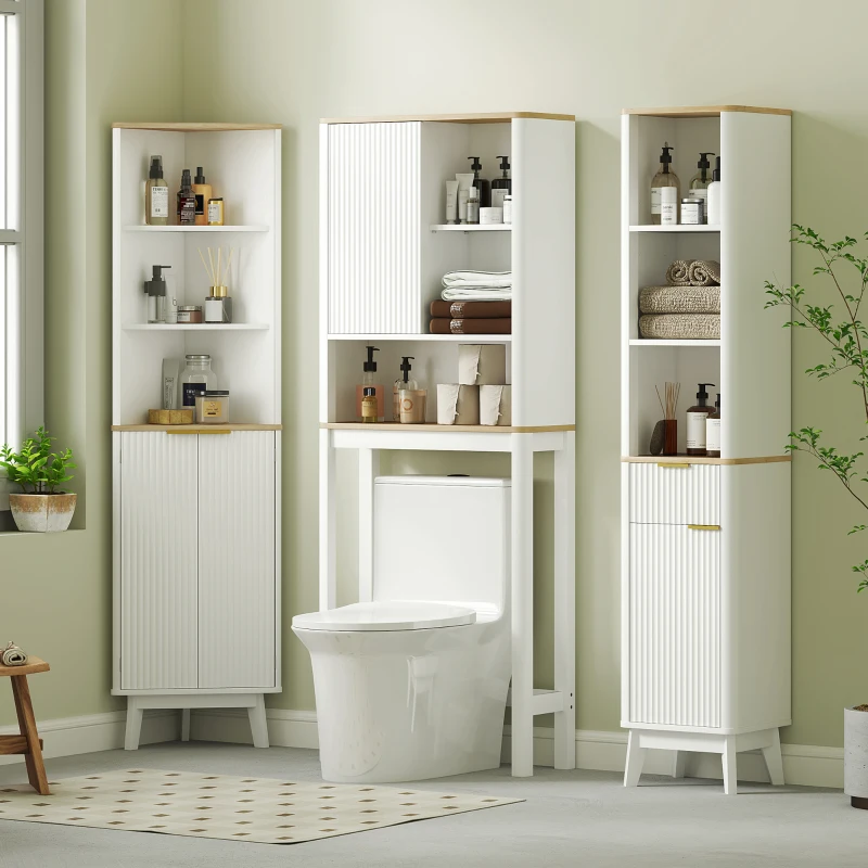 HOMCOM Meuble de rangement au-dessus des toilettes avec porte cannelée, compartiments, étagère réglable, 65x25x170cm, blanc