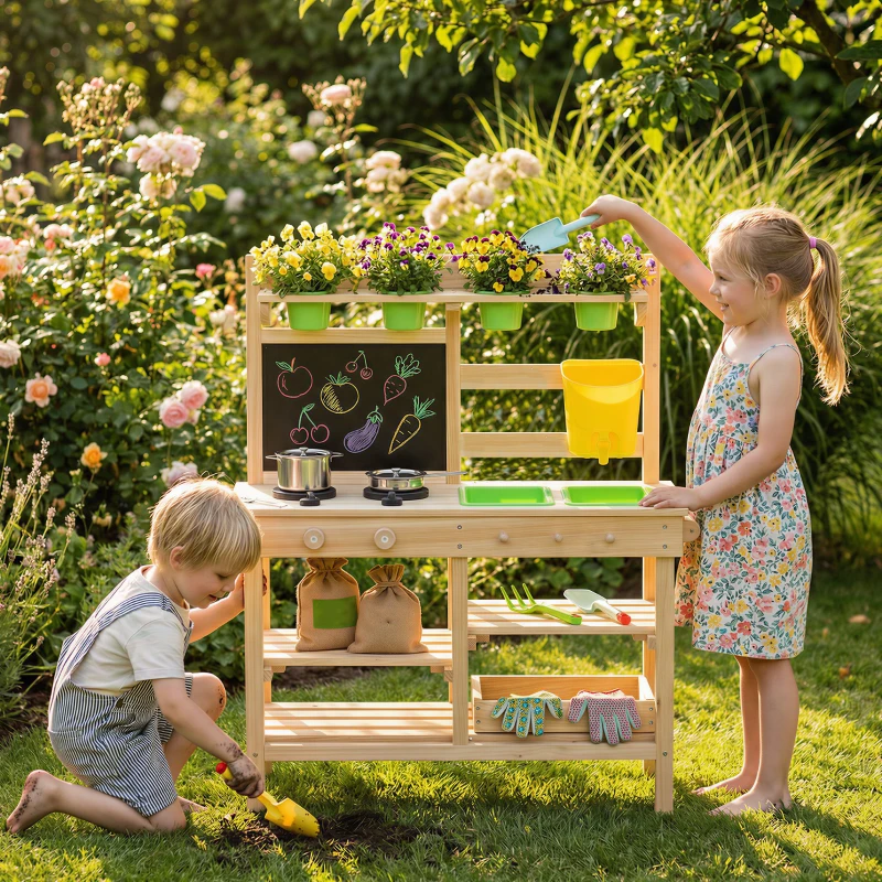 AIYAPLAY Matschküche Kinder Outdoor, Spielküche aus Holz mit Spüle Herd Pflanztöpfen Tafel für 3-6 Jahre 77x32x95 cm Naturholz