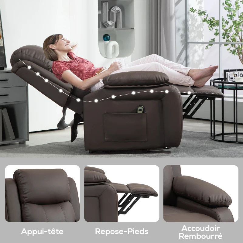 HOMCOM Fauteuil releveur électrique fauteuil relax électrique avec repose-pied télécommande et 2 pochettes 76x90x105cm marron