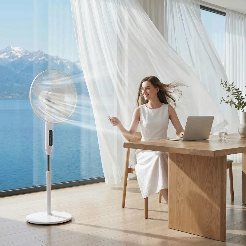 HOMCOM Ventilateur sur pied contrôlé par APP, ventilateur 45 cm avec télécommande, 3 vitesses, 3 modes, hauteur réglable, blanc