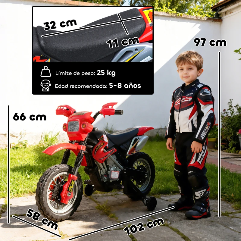 HOMCOM Moto Electrica Infantil Bateria 6V Recargable Niños 3+ Años Cargador y Ruedas Apoyo 102x58x66 cm Color Rojo
