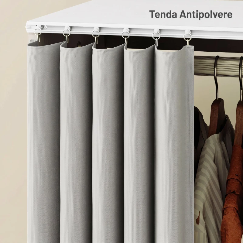 HOMCOM Stand Appendiabiti con 4 Ruote, Ripiani Aperti, Asta per Vestiti, Tende per Guardaroba, per Camera da Letto Soggiorno Corridoio, Bianco