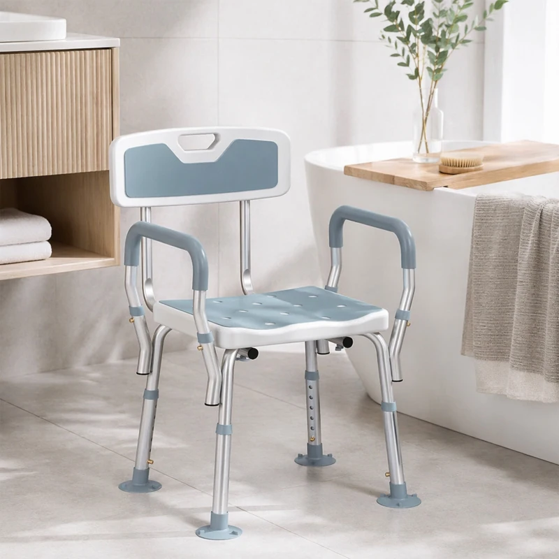 HOMCOM EVA Padded Shower Chair for the Elderly and Disabled, Height Adjustable Shower Stool with Back and Arms, 4 Suction Foot Pads, Light Blue