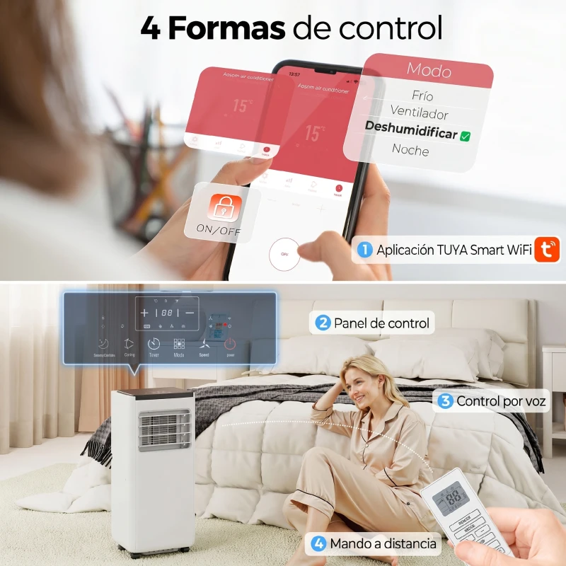 HOMCOM Aire Acondicionado Portátil 10.000 BTU 4 en 1 Enfriamiento Deshumidificador Ventilador con WiFi para 30 m² Blanco