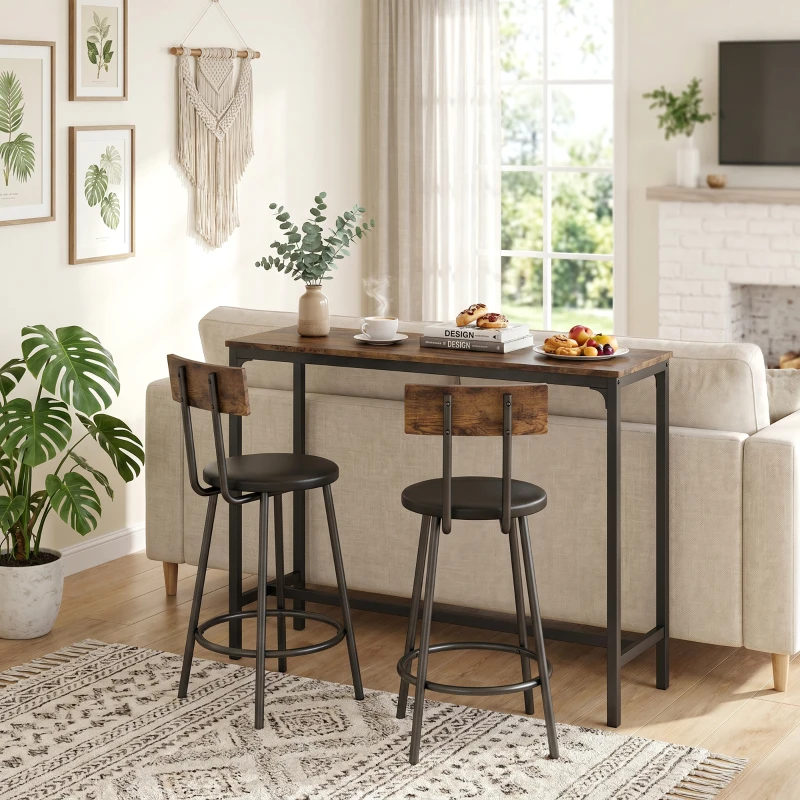 HOMCOM Ensemble Table de Bar avec 2 Tabourets, Table Haute de Cuisine et 2 Chaises de Bar Rembourrées PU, Repose-Pieds, Marron