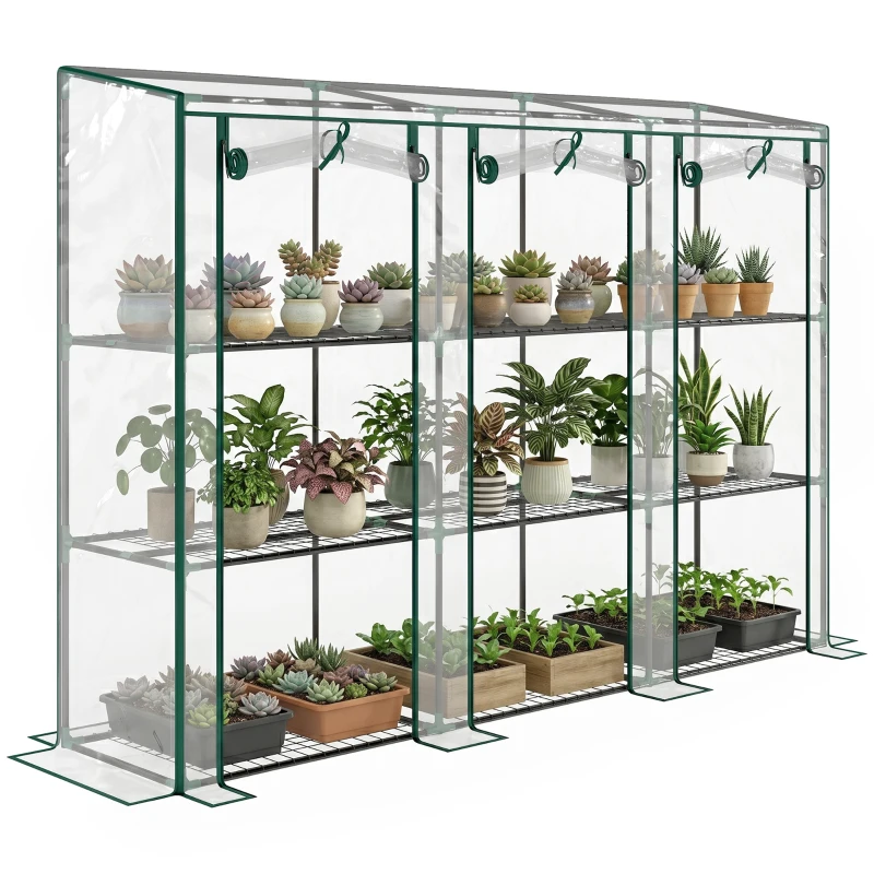 Outsunny Serre de jardin avec étagères à 3 niveaux serre de balcon 3 portes enroulables zippées 215 x 46 x 151 cm transparent