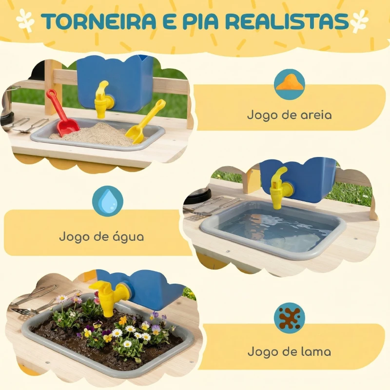AIYAPLAY Cozinha Infantil Exterior de Madeira com Rodas Água Real Vasos Quadro e 15 Acessórios 84,2x34,4x90 cm Amarelo