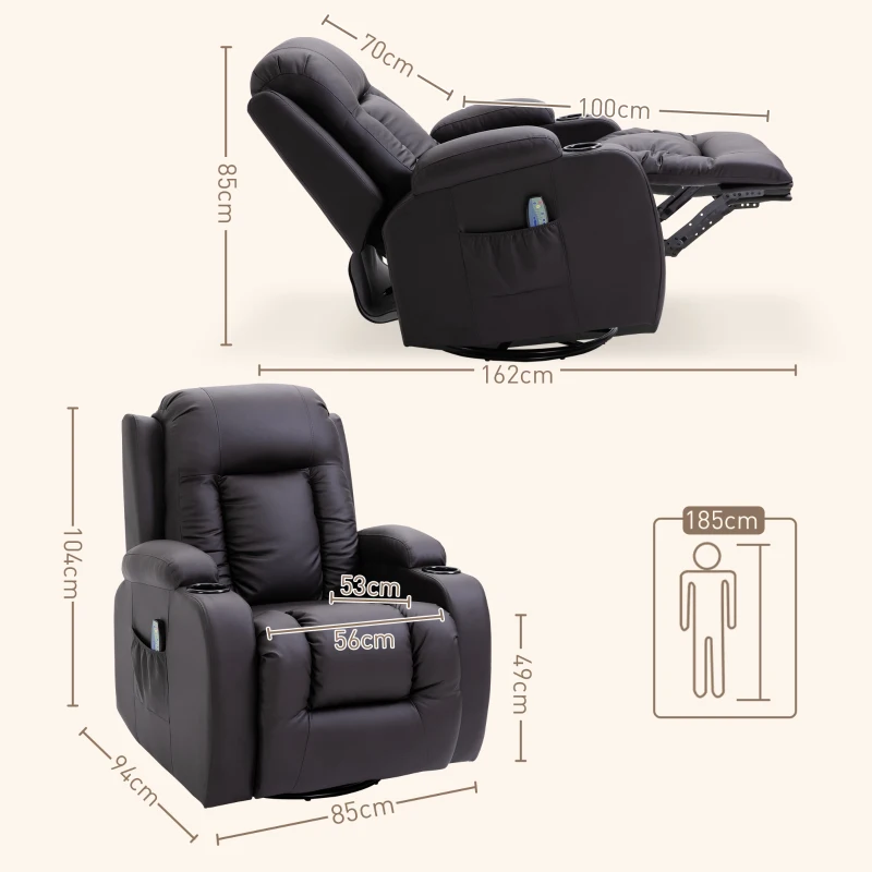 HOMCOM Poltrona Relax Massaggiante e Riscaldata con Telecomando, 85x94x104cm, Finta Pelle Marrone