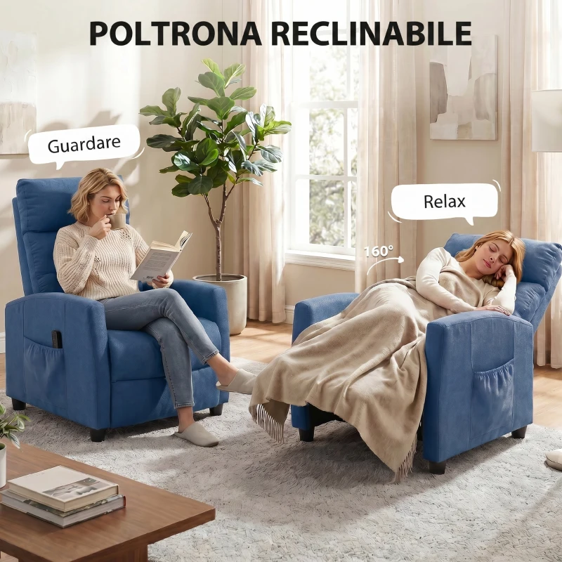 HOMCOM Poltrona Massaggiante e Reclinabile a 160° con Poggiapiedi e Telecomando, 66x91x108 cm, in Ciniglia Blu Scuro