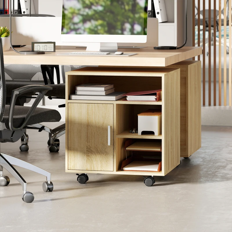 HOMCOM Support d'imprimante organiseur bureau caisson placard porte 3 niches + grand plateau panneaux particules bois naturel