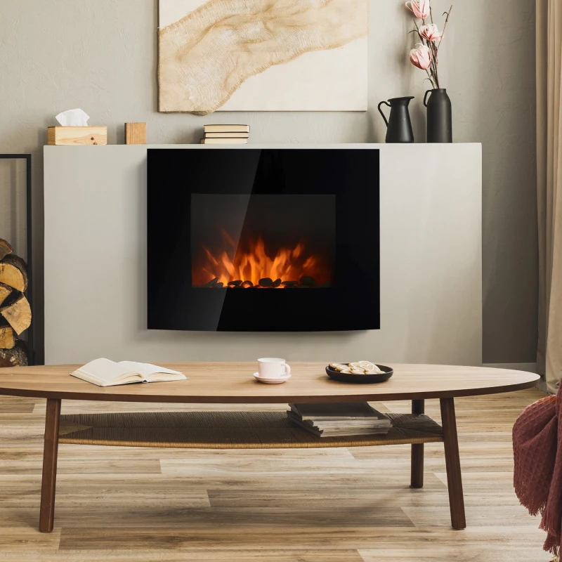 HOMCOM Elektrokamin mit Heizung, elektrischer Kamin mit 3D Flammeneffekt, 7 Flammenfarben, 900/1800 W, Wandkamin mit Timer, Dekokamin mit Fernbedienung, Schwarz, 65 cm
