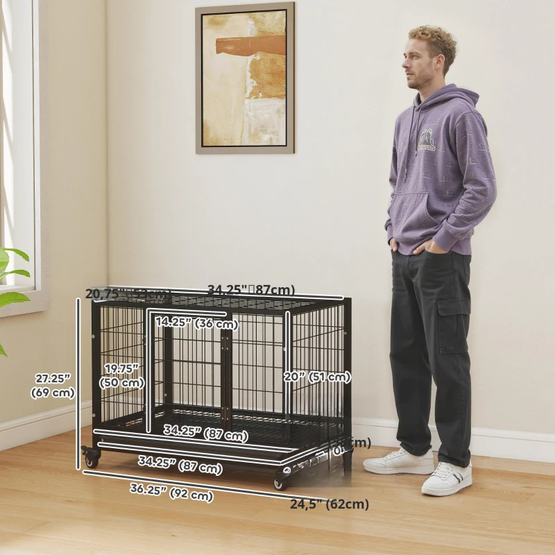 PawHut Cușcă Boxă pentru Câini și Cățeluși, Utilizare Interior/Exterior, Cadru Metalic Robust cu Rotițe, 92×62×75 cm, Negru