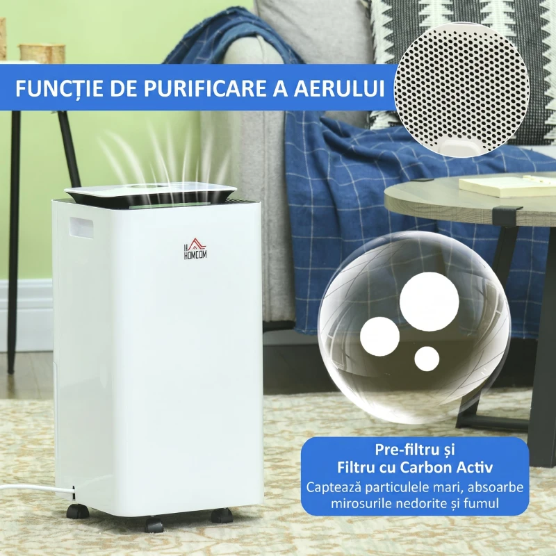 HOMCOM Dezumidificator Portabil de 10L cu 5 Moduri, 2 Viteze, Timer 24h și Roți, 25x25x50.5cm, Alb