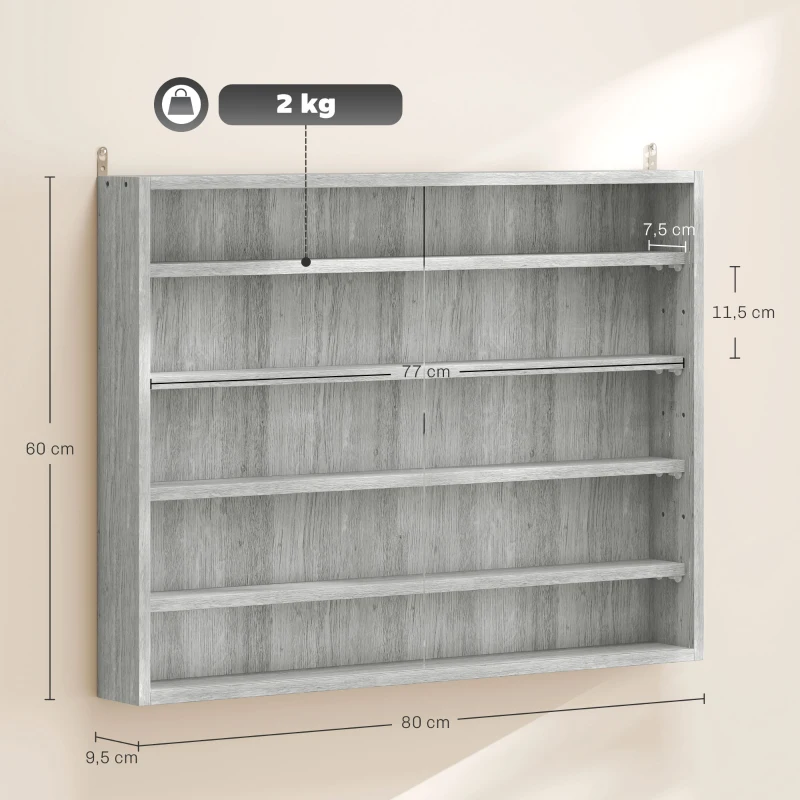 HOMCOM Vetrina per Collezionismo a 4 Ripiani Regolabili in Legno con Ante in Vetro, 80x9.5x60 cm, Grigio