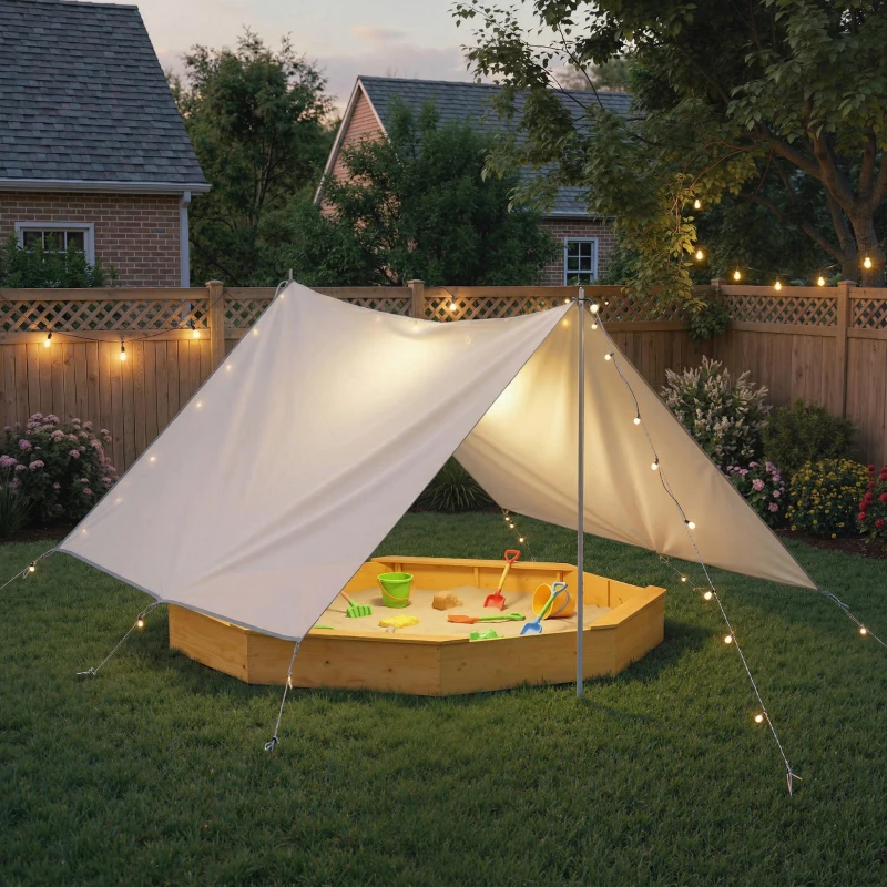 AIYAPLAY Sandkasten mit Dach 4 Sitzbänken Bodenplane für 8 Kinder von 3-8 Jahren für Outdoor Garten Holz 214,5 x 214,5 cm Gelb