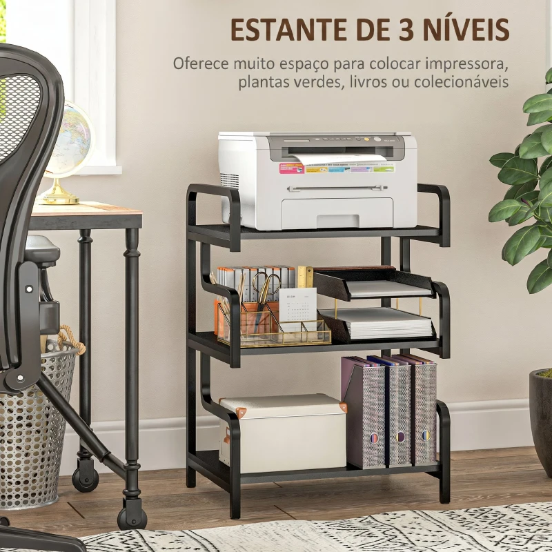 HOMCOM Suporte para Impressora de 3 Níveis com Estrutura em Aço, Estante de Arrumação para Escritório e Casa, 55x40x77 cm, Preto