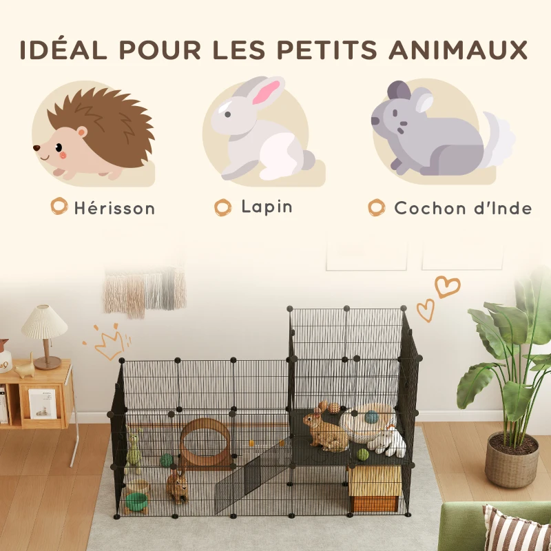 PawHut Enclos pour petits animaux, cage à lapin modulable 2 niveaux, 39 panneaux avec rampe, en acier, 140 x 70 x 105 cm, noir