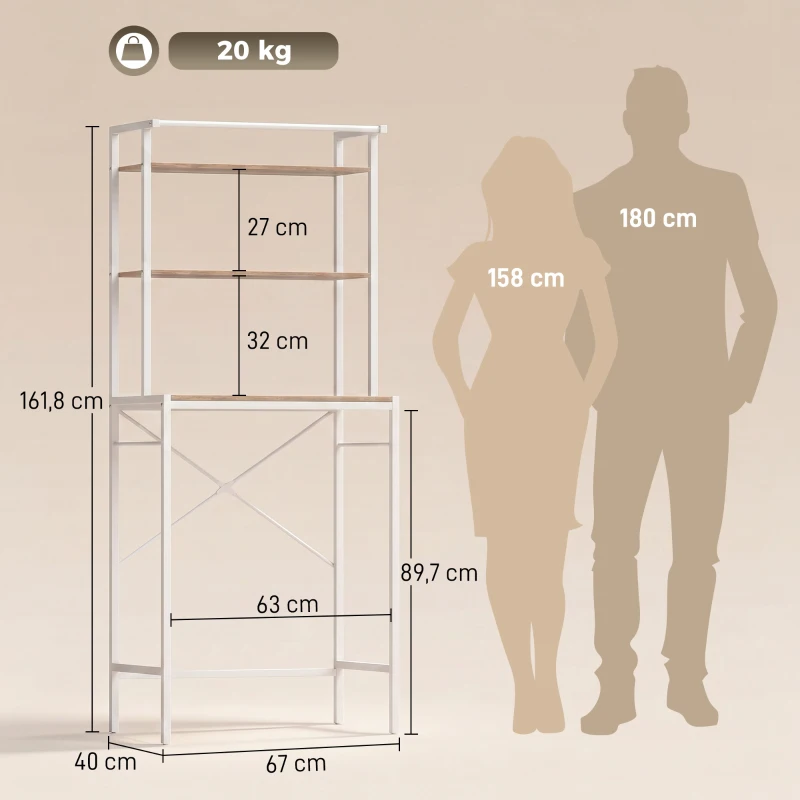 HOMCOM Étagère de Machine à Laver 3 Niveaux, Meuble pour Lave-Linge et Sèche-Linge avec Barre de Suspension, Marron et Blanc