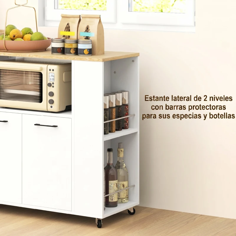HOMCOM Carrito de Cocina con Ruedas 2 Puertas Estante Ajustable Especieros para Comedor 75x40x80,5 cm Blanco