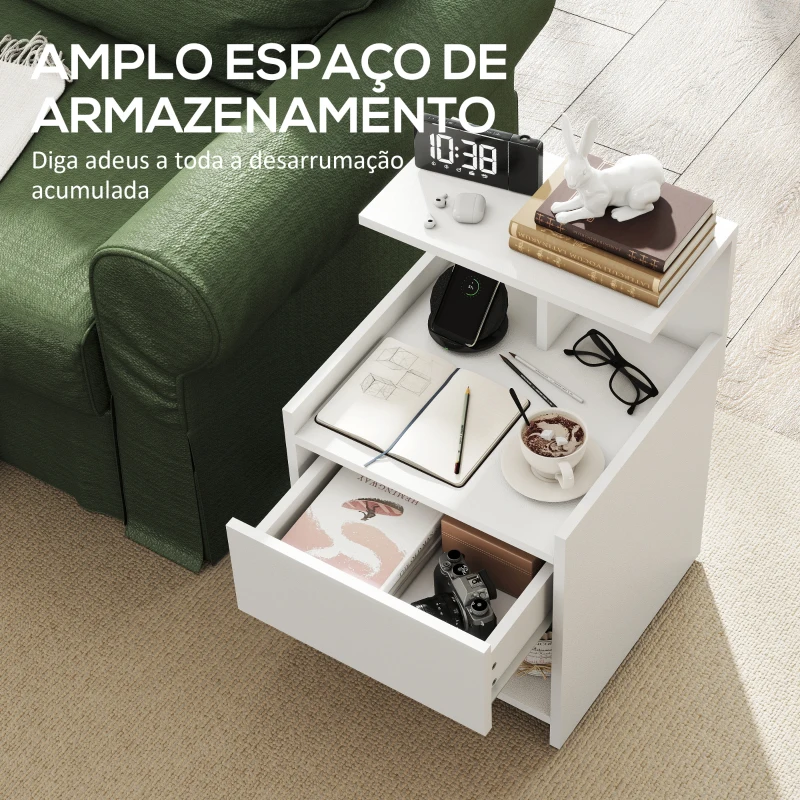 HOMCOM Mesa de Cabeceira com Estação de Carregamento Portos USB Gaveta e Prateleiras Abertas 40x40x60 cm Branco