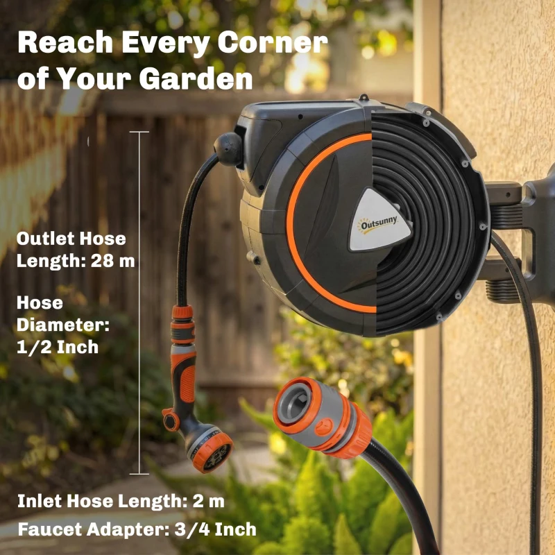 Outsunny 28+2m Retractable Hose Reel Wall Mounted with Auto Retraction, Self-Locking, Slow Return System, 12-Pattern Nozzles