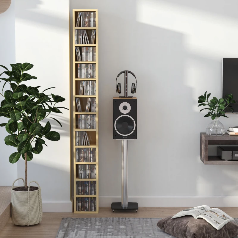 HOMCOM Bibliotecă Mobilă pentru CD-uri cu 12 Rafturi pentru 204 CD-uri, din MDF și PAL, 21x20x175 cm, culoare Lemn