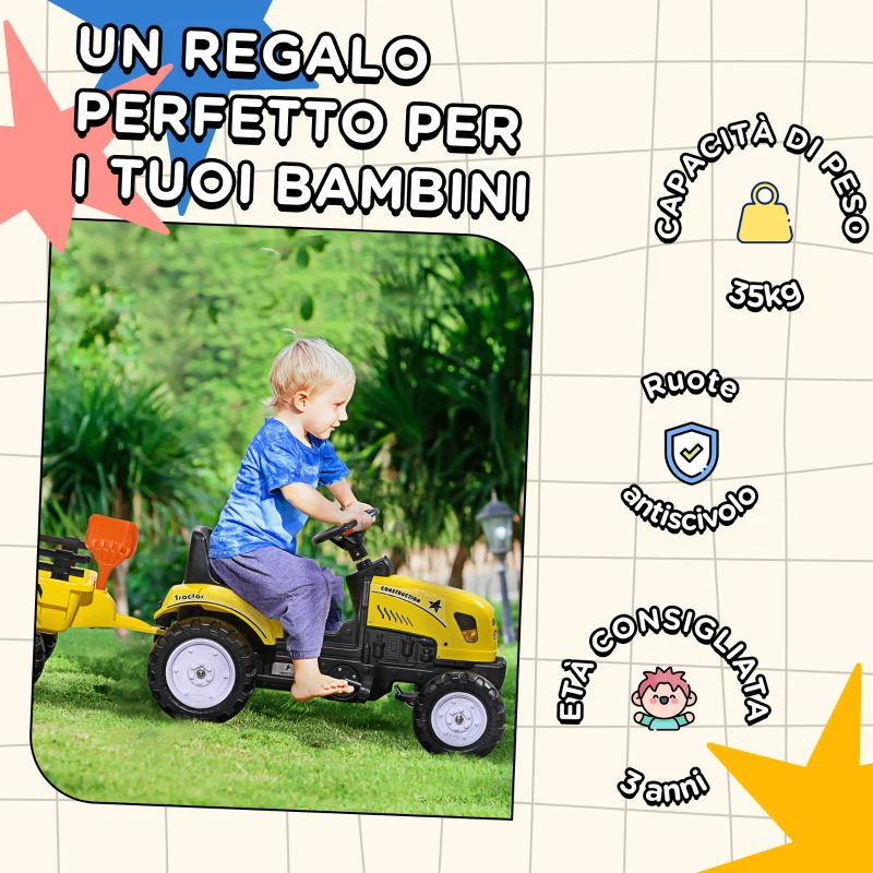 HOMCOM Trattore a Pedali per Bambini da 3+ Anni con Rimorchio, Rastrello, Pala e Clacson, Giallo