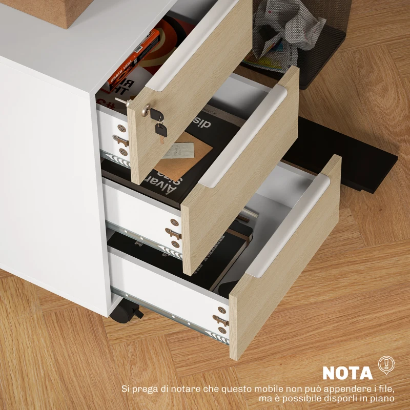 HOMCOM Schedario da Ufficio con 3 Cassetti, 4 Ruote, Cassettiera Ufficio con Serratura e 2 Chiavi, Bianco e Rovere