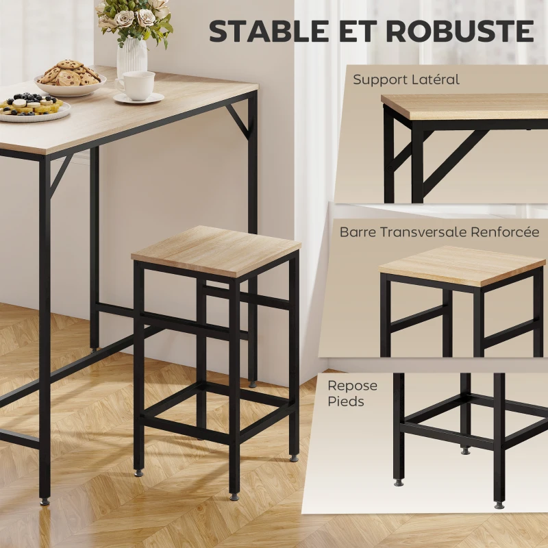 HOMCOM Ensemble Table de Bar Industriel + 4 tabourets Repose-Pieds en Bois couleur Chêne Clair Cadre en métal Noir