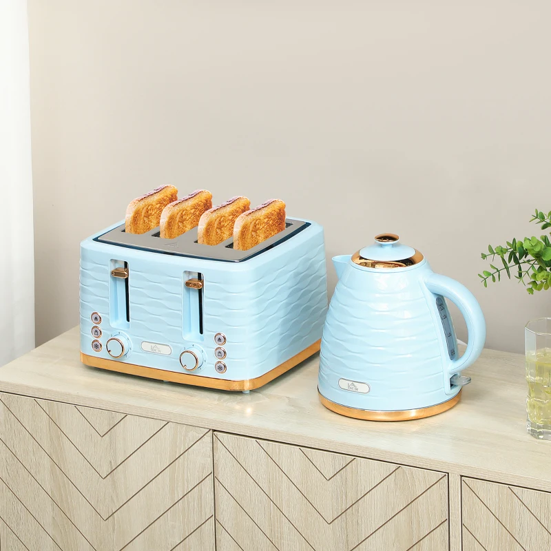HOMCOM 3000W 1.7L Kettle & 4 Slice Toaster, Kettle and Toaster Set with 7 Browning Controls and Crumb Tray, Light Blue