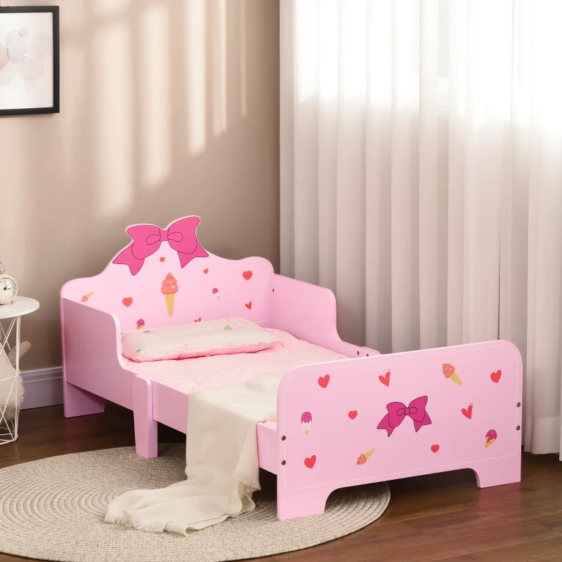 ZONEKIZ Letto per Bambini con Sponde e Fantasia a Fiocchi e Cuori, Età 3-6 Anni, 143x74x59cm, Rosa