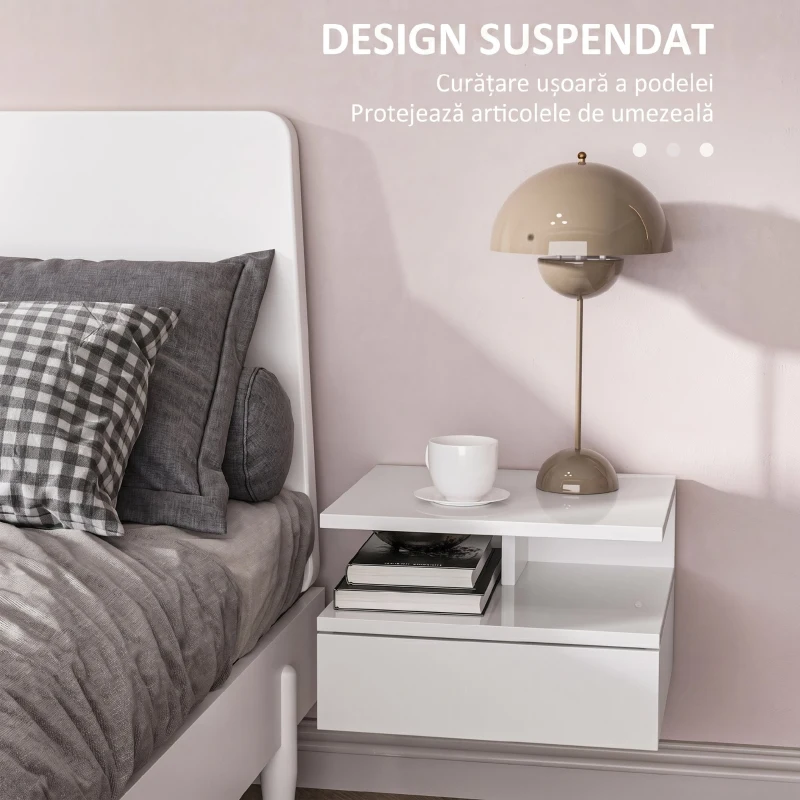 HOMCOM Set de 2 Noptiere Moderne Suspendate cu Sertar și Raft din Lemn 35x32x22,5cm, Alb Lucios