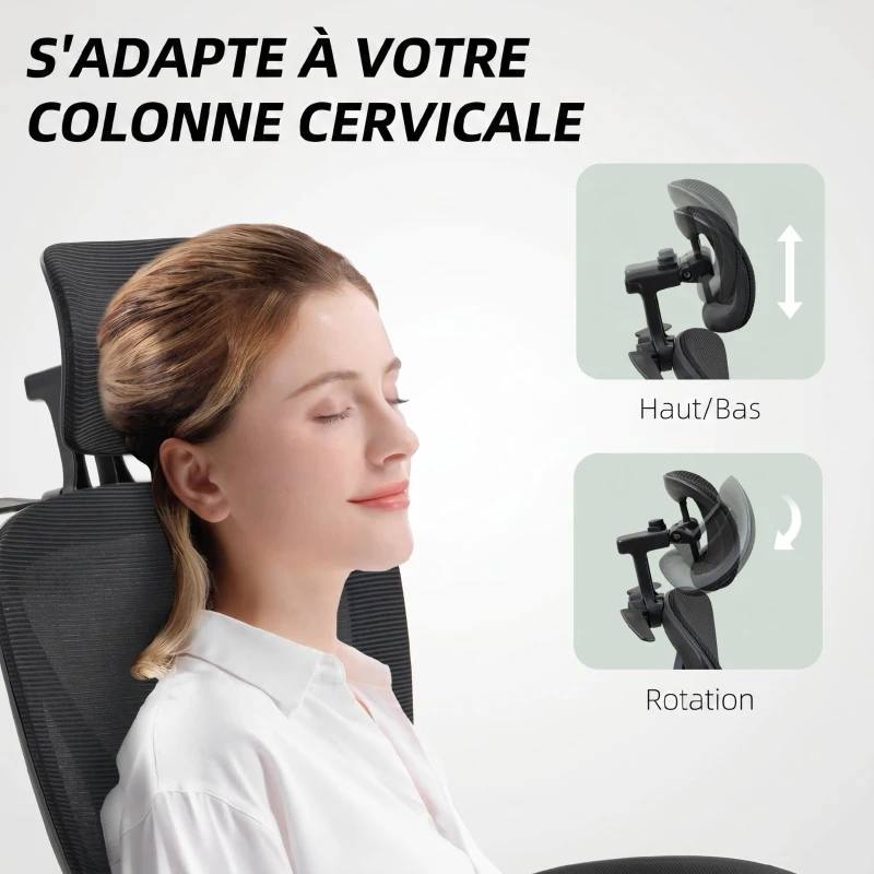 HOMCOM Chaise Bureau Ergonomique avec Appui-Tête Réglable, Fauteuil de Bureau Inclinable en Maille, Dossier Séparé, Noir