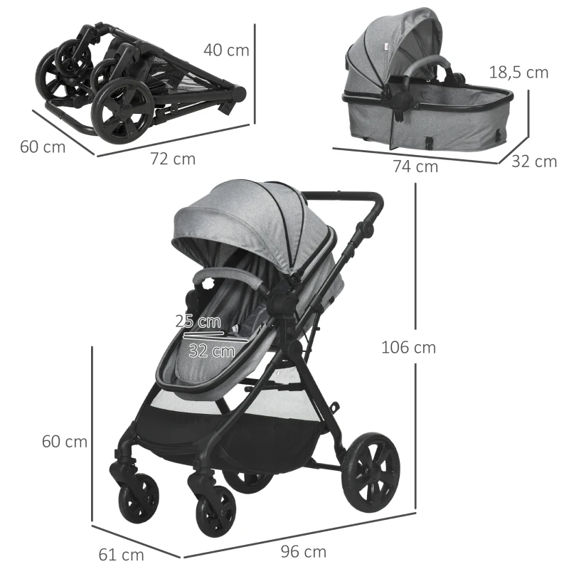 HOMCOM 2 en 1 Silla de Paseo Ligera Cochecito para Bebé de 0-36 Meses Plegable con Asiento Reversible 96x61x106 cm Gris